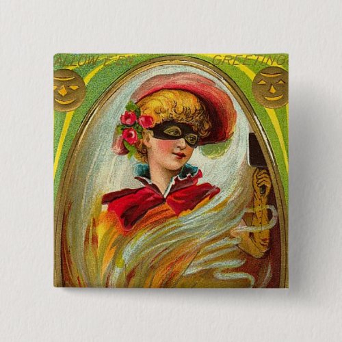 Masked Lady Halloween Greetings Pinback Button