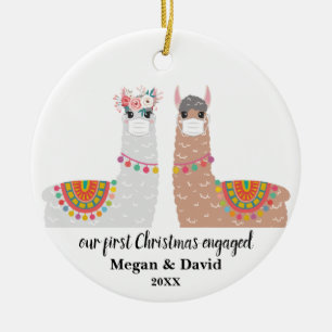 Masked Llama First Christmas Engaged or married Ceramic Ornament