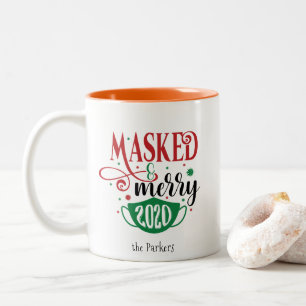 Masked & Merry 2020 Quarantined Christmas Funny Two-Tone Coffee Mug