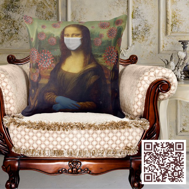 Masked Mona Lisa Playing Safe Around Coronavirus Throw Pillow (Masked Mona Lisa Playing Safe Around Coronavirus Throw Pillow)