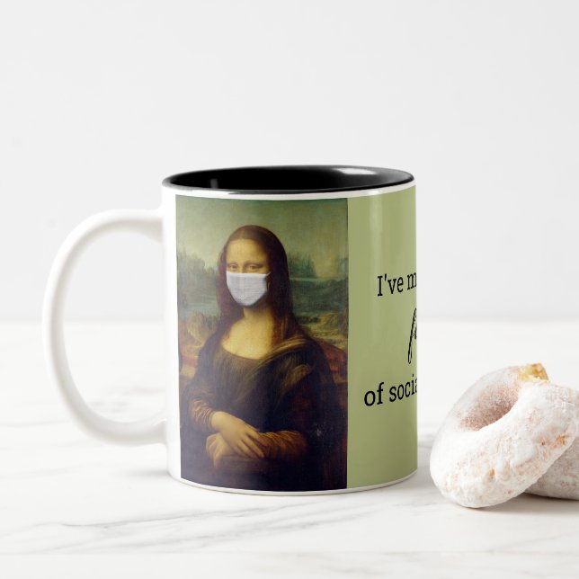 Masked Mona Lisa Social Distancing Two-Tone Coffee Mug (With Donut)