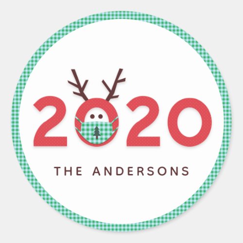 Masked Reindeer 2020 Custom Holiday Red Green Classic Round Sticker