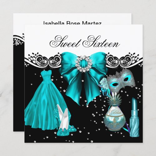 Masked Teal Blue Sweet Sixteen Sweet 16 Party Invitation