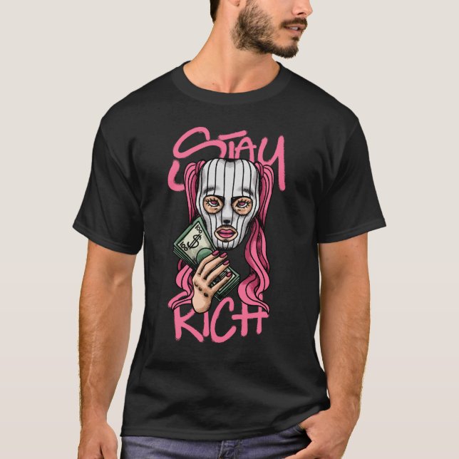 Masked Woman Holding Money streetwear T-Shirt (Front)