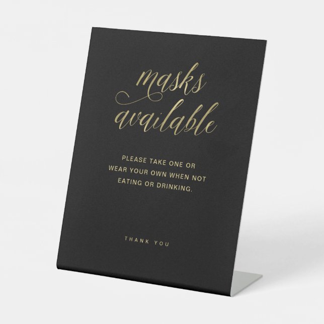 Masks | Black and Gold Typography Wedding Pedestal Sign (Front)