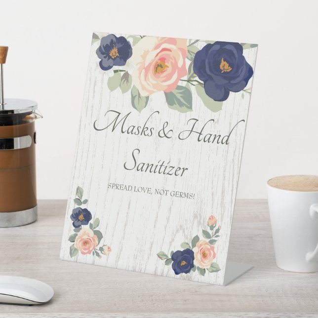 Masks & Hand Sanitizer Blue, Peach Floral Wedding Pedestal Sign (In SItu)