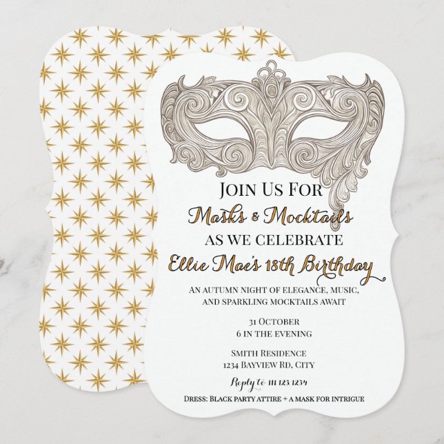Masks & Mocktails Gold Masquerade Birthday Invitation (Front/Back)