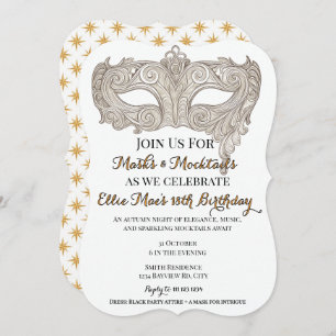 Masks & Mocktails Gold Masquerade Birthday Invitation