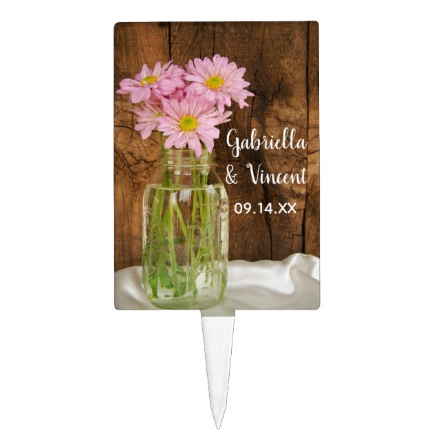 Mason Jar and Daisies Country Barn Wedding Cake Topper (Front)