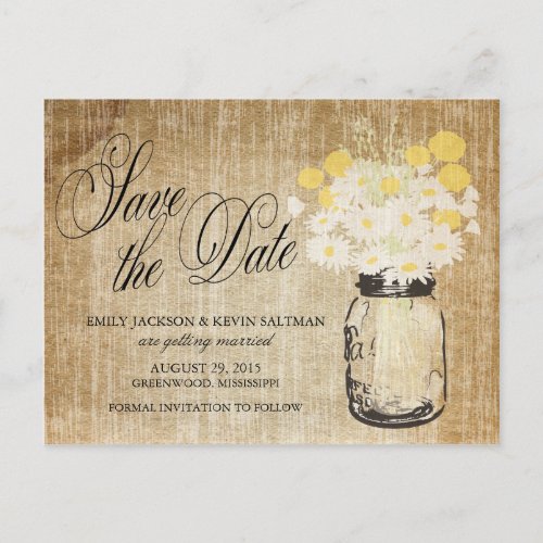 Mason Jar and Daisies Save the Date Announcement Postcard