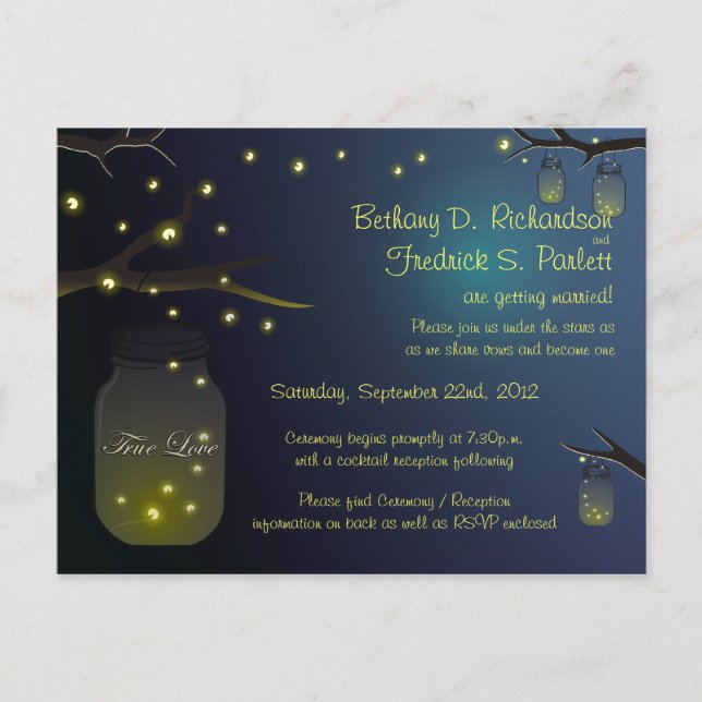 Mason Jar and Fireflies at Dusk Wedding Invitation Postcard (Front)