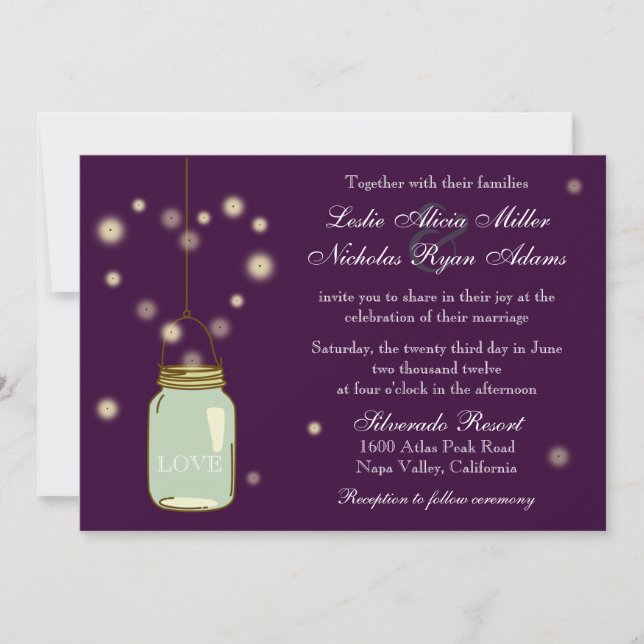 Mason Jar and Fireflies Heart Wedding Invitation (Front)
