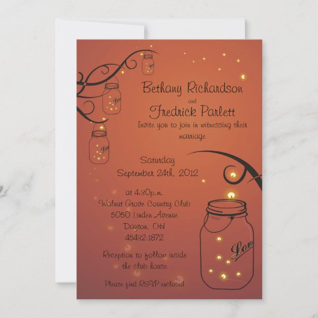 Mason Jar and Firefly Wedding Invitation Orange (Front)