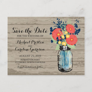 Mason Jar and Gerber Daisies Save the Date Announcement Postcard