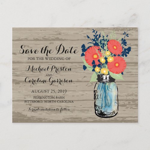 Mason Jar and Gerber Daisies Save the Date Announcement Postcard