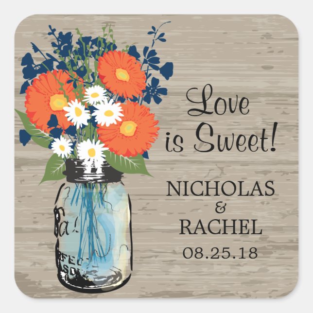Mason Jar and Gerber Daisies Wedding Square Sticker (Front)