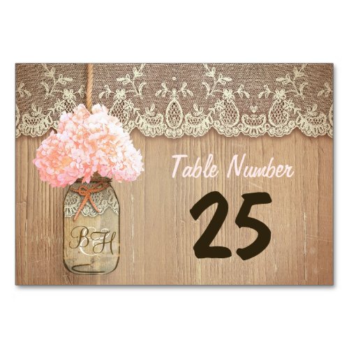 mason jar and hydrangea rustic table number cards