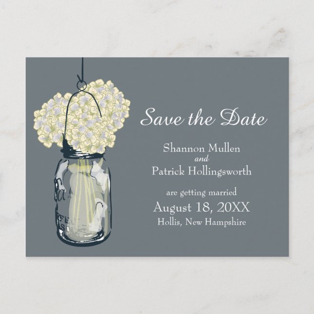 Mason Jar and Hydrangeas Save the Date Announcement Postcard (Front)