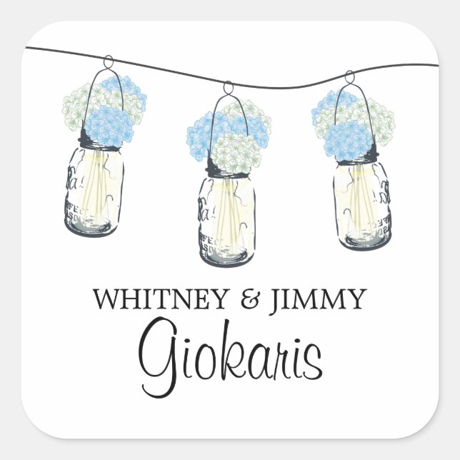 Mason Jar and Hydrangeas Wedding Square Sticker (Front)