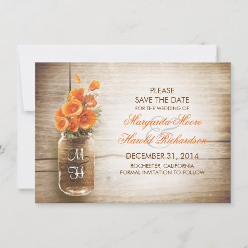 Mason jar and orange flowers save the date cards