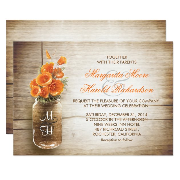 Mason Jar And Orange Flowers Wedding Invitations