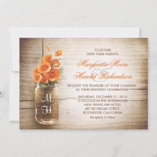 Mason jar and orange flowers wedding invitations