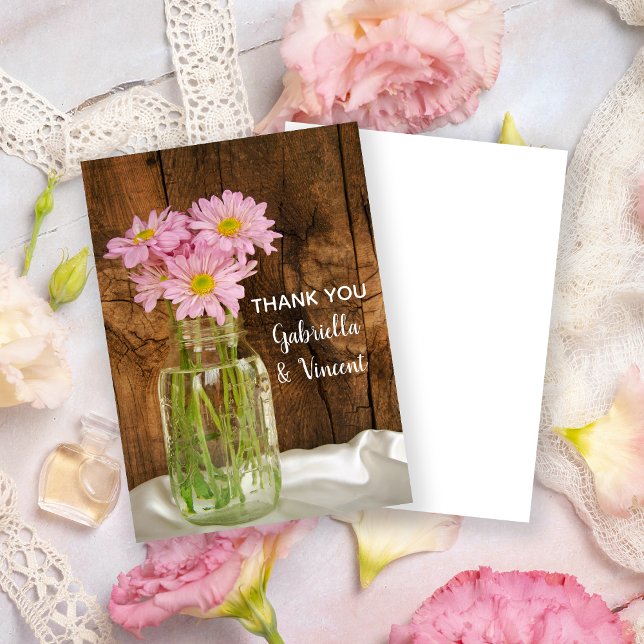 Mason Jar and Pink Daisies Barn Wedding Thank You Card (Creator Uploaded)