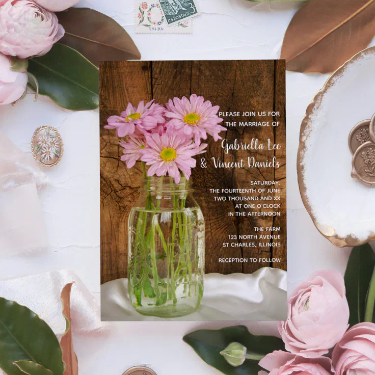 Mason Jar And Pink Daisies Country Barn Wedding Invitation Zazzle