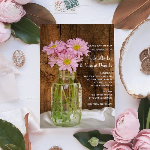 Mason Jar and Pink Daisies Country Barn Wedding Invitation