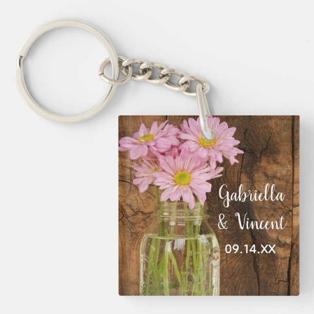 Mason Jar and Pink Daisies Country Barn Wedding Keychain (Front)