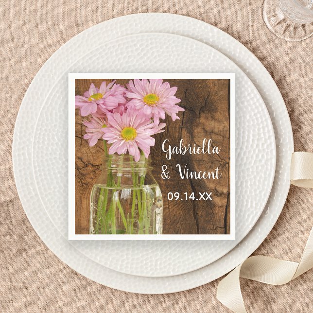 Mason Jar and Pink Daisies Country Barn Wedding Napkins (Creator Uploaded)