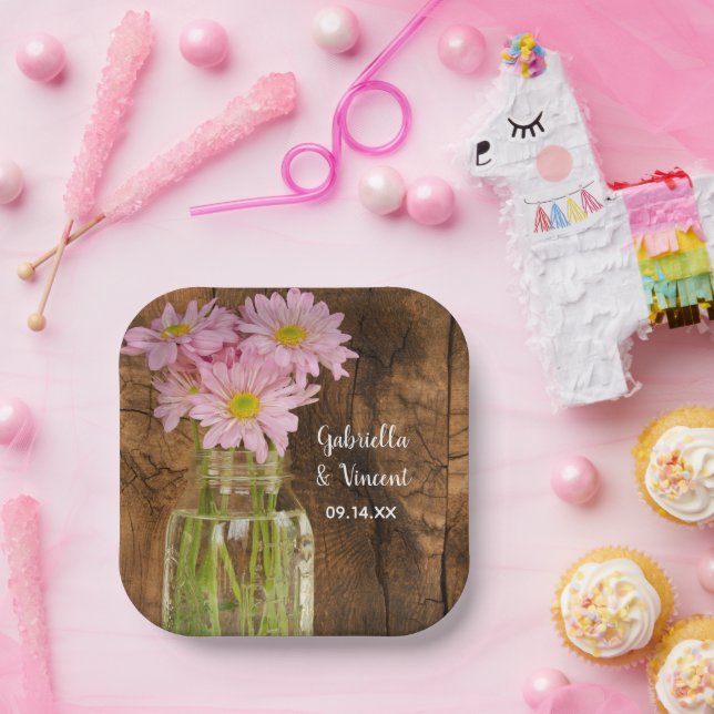 Mason Jar and Pink Daisies Country Barn Wedding Paper Plates (Party)