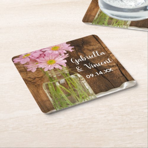 Mason Jar and Pink Daisies Country Barn Wedding Square Paper Coaster