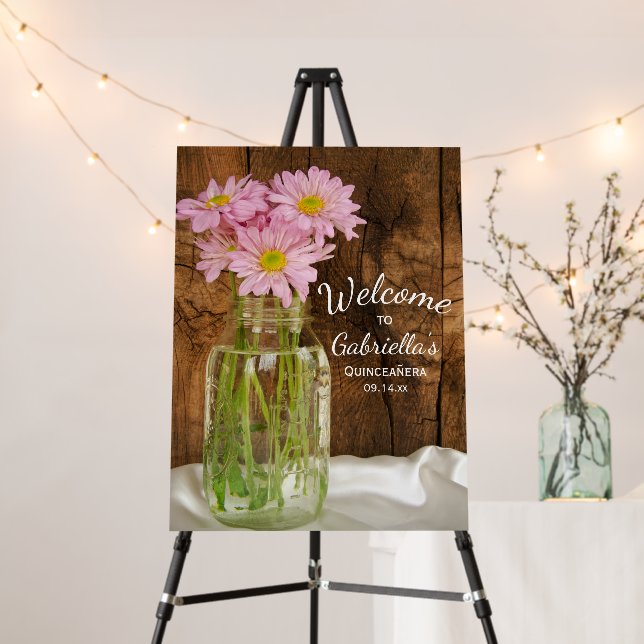 Mason Jar and Pink Daisies Quinceañera Barn Party Foam Board (In Situ (Stand))