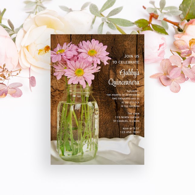 Mason Jar and Pink Daisies Quinceañera Barn Party Invitation (Creator Uploaded)