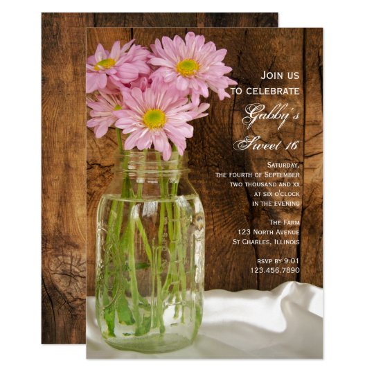 Mason Jar and Pink Daisies Sweet 16 Birthday Party Invitation