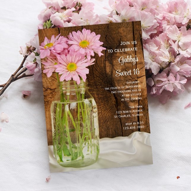 Mason Jar and Pink Daisies Sweet 16 Birthday Party Invitation (Creator Uploaded)