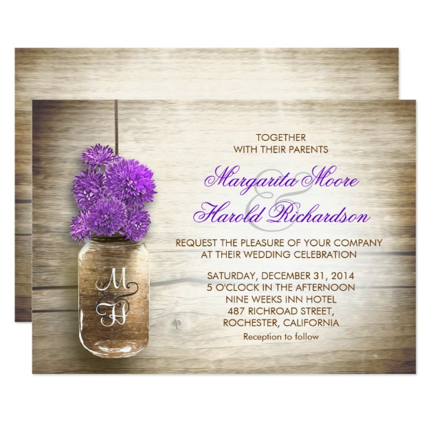 Mason Jar And Purple Flowers Wedding Invitations