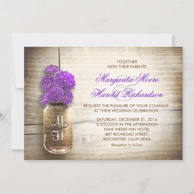 Mason jar and purple flowers wedding invitations (Front)