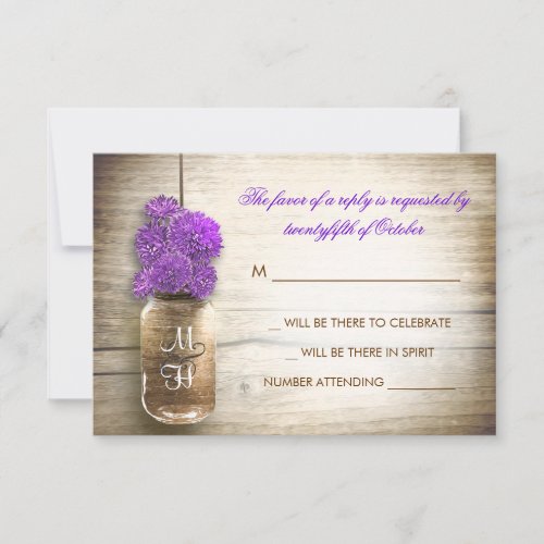 Mason jar and purple flowers wedding RSVP card