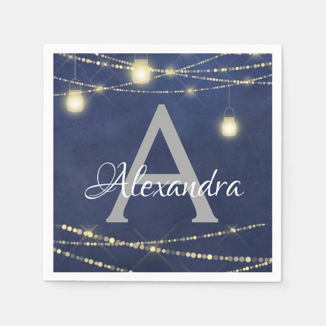 Mason Jar and String Lights Monogram Birthday Napkins (Front)