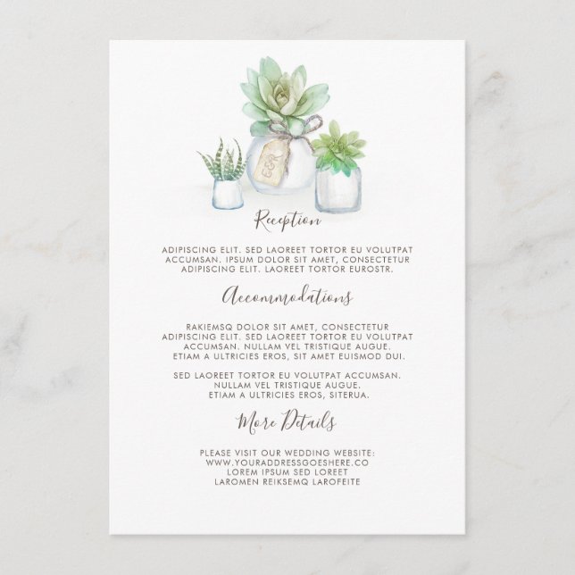 Mason Jar and Succulents Wedding Information Guest Enclosure Card (Front)