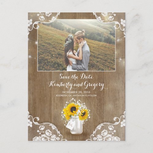 Mason Jar and Sunflower Rustic Photo Save the Date Announcement Postcard