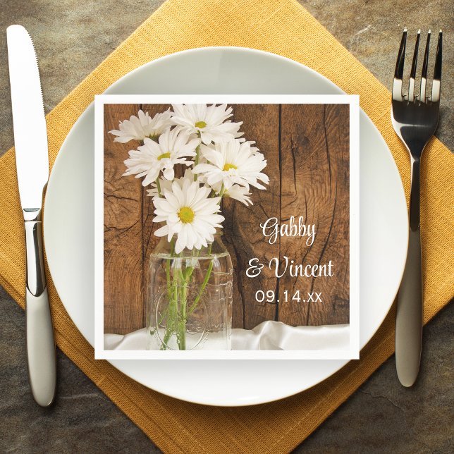 Mason Jar and White Daisies Barn Wedding Napkins (Creator Uploaded)
