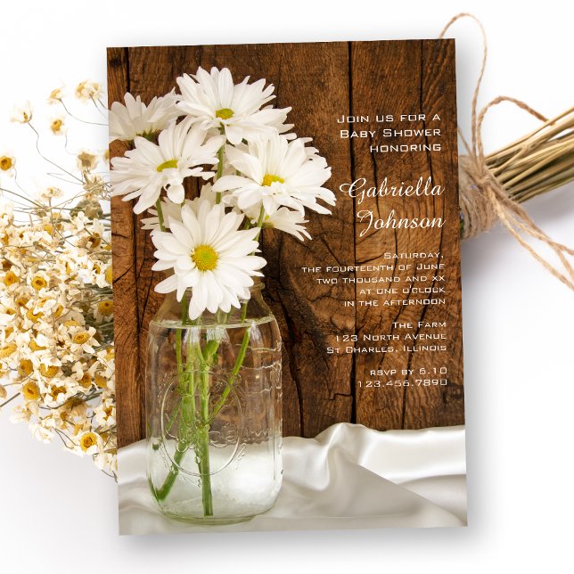 Mason Jar and White Daisies Country Baby Shower Invitation (Creator Uploaded)