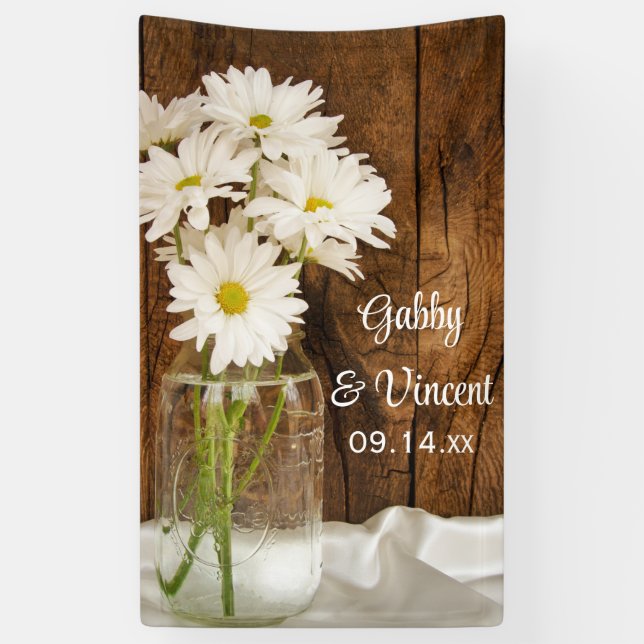 Mason Jar and White Daisies Country Barn Wedding Banner (Vertical)
