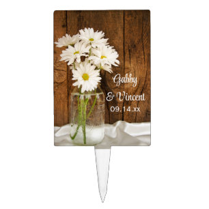 Mason Jar and White Daisies Country Barn Wedding Cake Topper