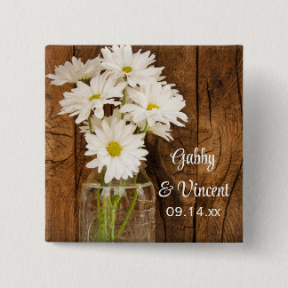 Mason Jar and White Daisies Country Barn Wedding Pinback Button
