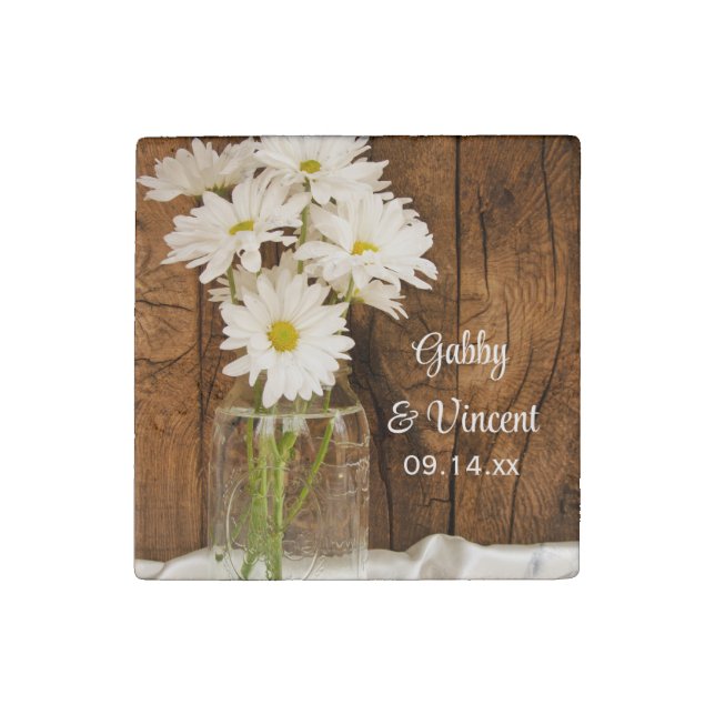 Mason Jar and White Daisies Country Barn Wedding Stone Magnet (Front)