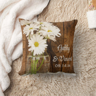 Mason Jar and White Daisies Country Barn Wedding Throw Pillow